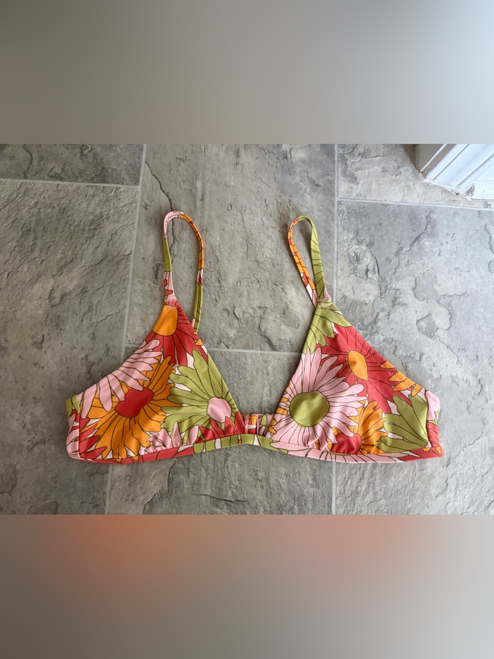 aerie Pink Floral Bikini Top with Green and Orange Accents
